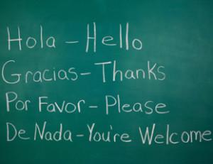 Chalkboard with basic Spanish and English words